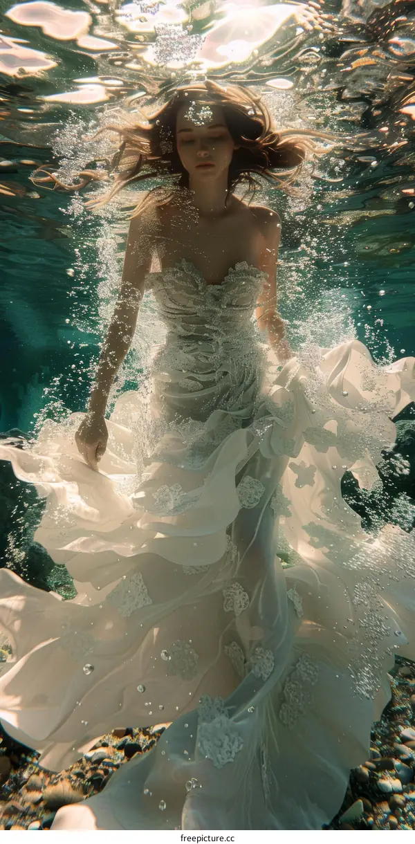 ethereal photoshoot of a woman wearing a wedding dress and swimming underwater