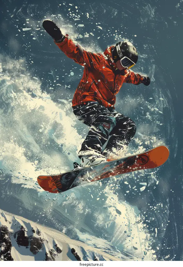 Snowboarder Launching Off Snowy Mountain Peak