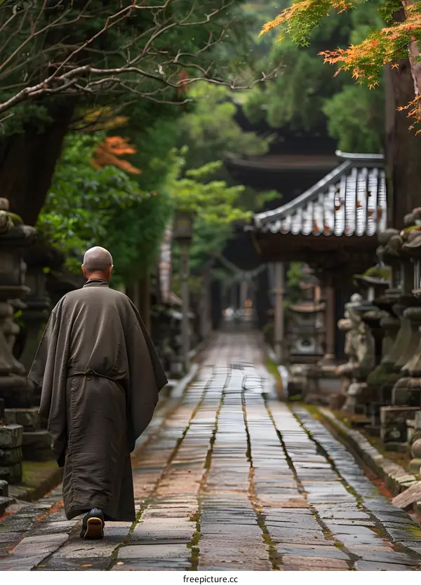 Monk Walking on a Stone Path in a Japanese Garden