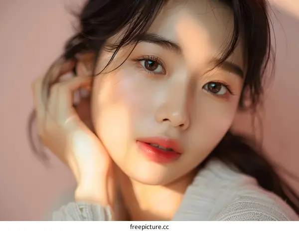 Close Up Portrait of a Young Woman with Sunlit Skin and Soft Makeup