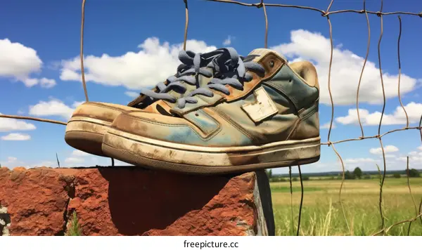 Old Blue Sneakers on a Brick Fence with Green Field and Blue Sky Background