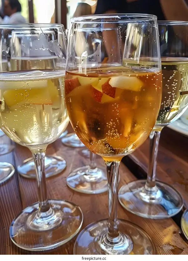 Close Up Of Glasses Of Sparkling Wine With Apple Slices