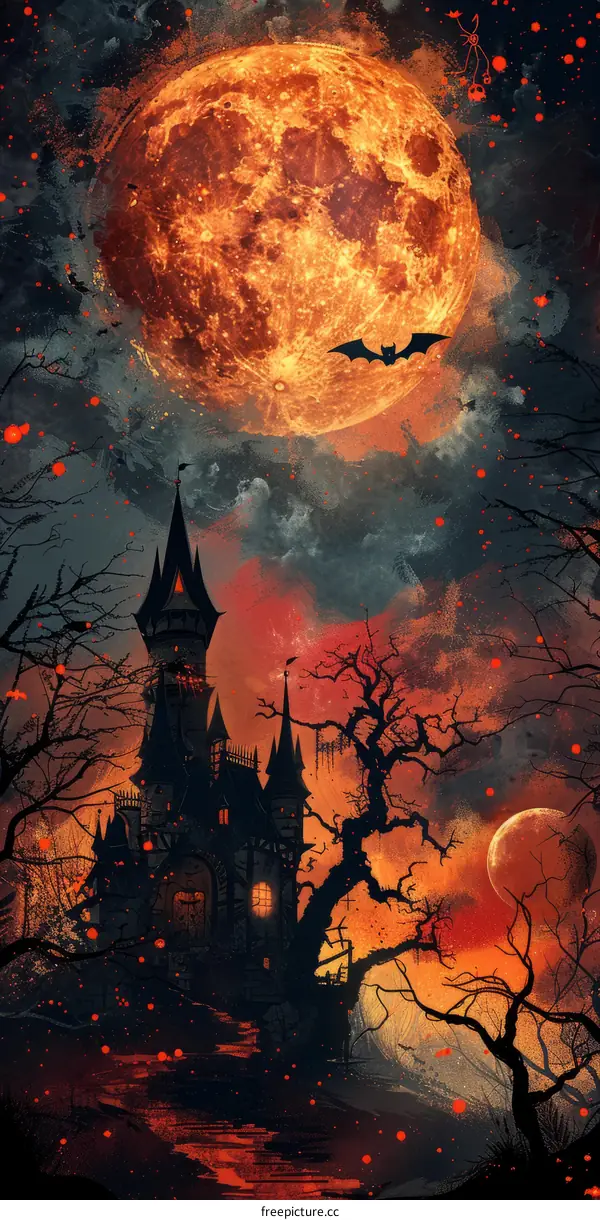 A spooky castle with a blood moon in the background