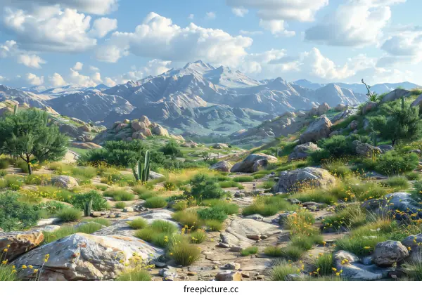 Arid desert scene, with blue skies and rocky terrain with cacti