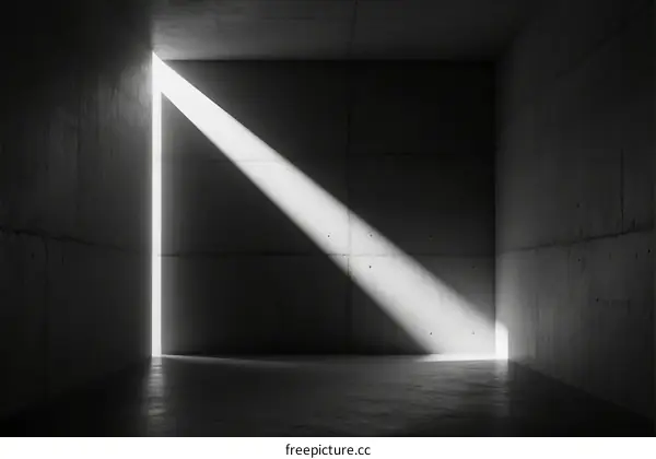 A beam of light illuminating a dim concrete room with stark walls