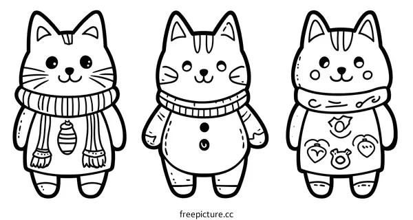 Cute Cats Wearing Winter Clothes Coloring Page