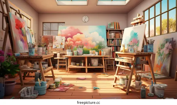 Art Studio With Large Windows and Bright Colorful Paintings