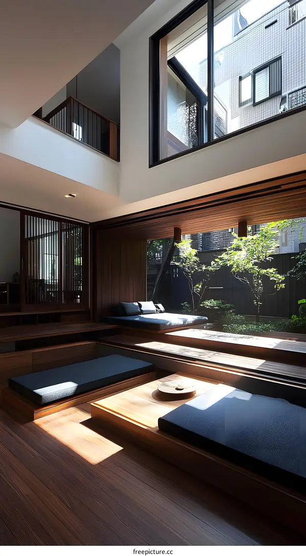Modern Japanese House Interior Design With Wooden Flooring And Large Windows