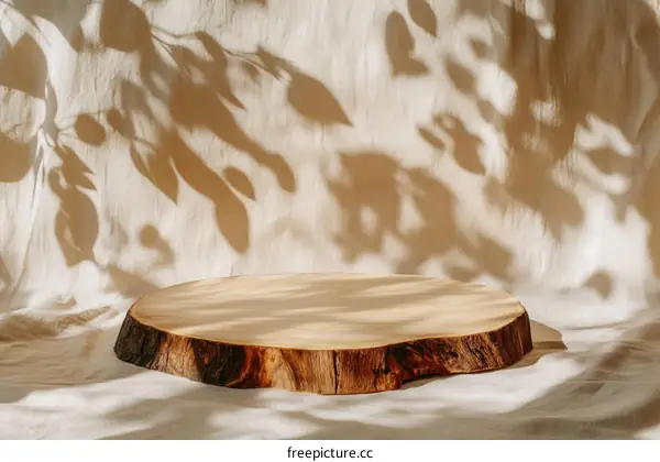 Natural Wood Slice Display Against Beige Fabric