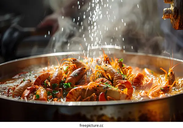 A large pot of crawfish being cooked with spices and herbs
