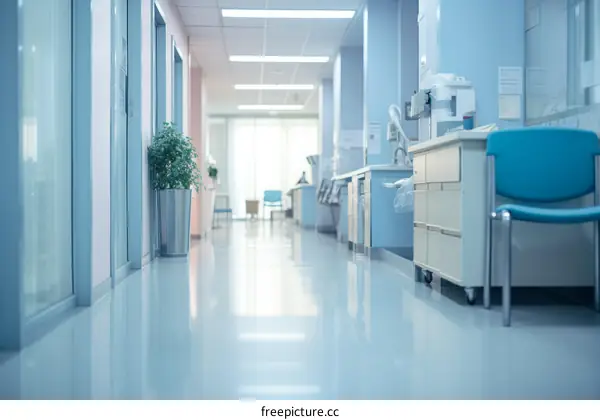 Empty Hospital Hallway with Blue Walls and Chair