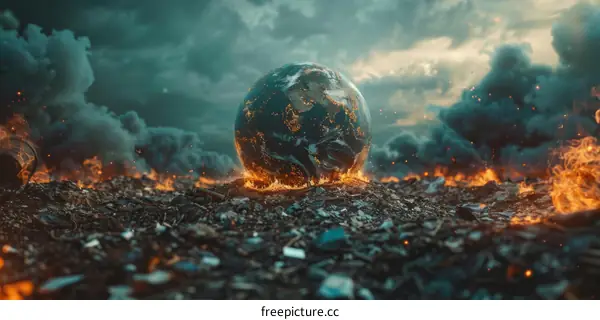 Post-apocalyptic Earth on fire amidst a vast garbage dump