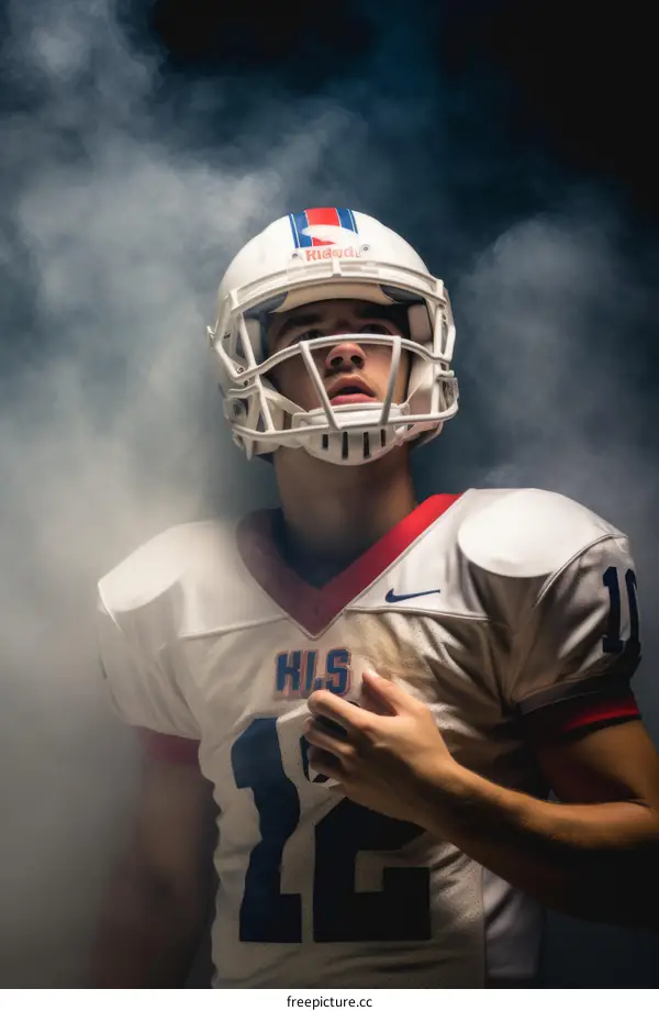 High school football player in uniform with hand on heart and looking up