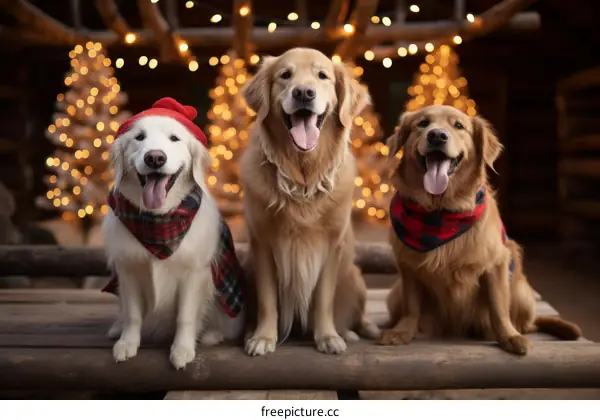 Three Golden Retrievers in Christmas Outfits