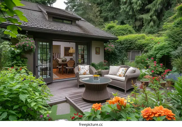 Lush Secluded Garden Oasis with Blooming Flowers