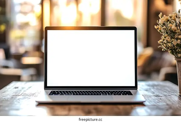 Laptop Mockup on Wooden Table in Cafe