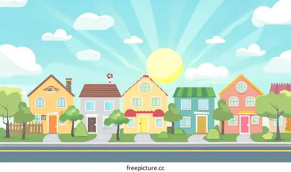 Cute Cartoon Illustration of Houses on a Sunny Day