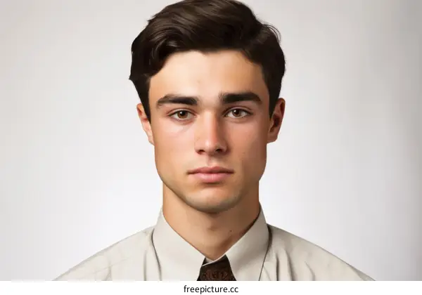 Portrait of a young man with brown hair and brown eyes wearing a shirt and tie