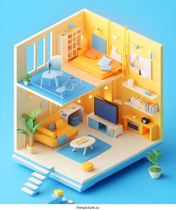 3D Isometric Illustration of a Cozy Living Room with Furniture and Decor