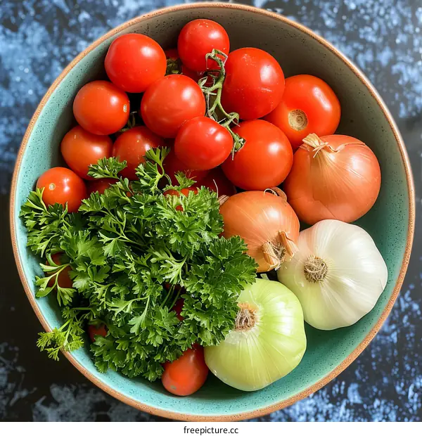 A Bowl of Tomatoes, Onions, and Parsley