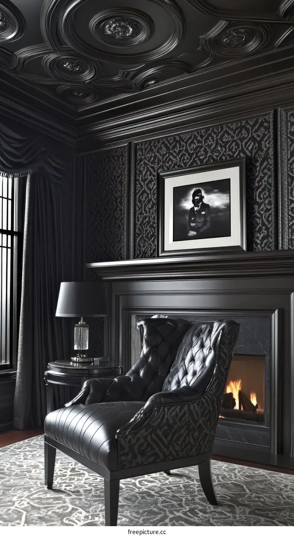 Elegant Black Formal Living Room with Fireplace
