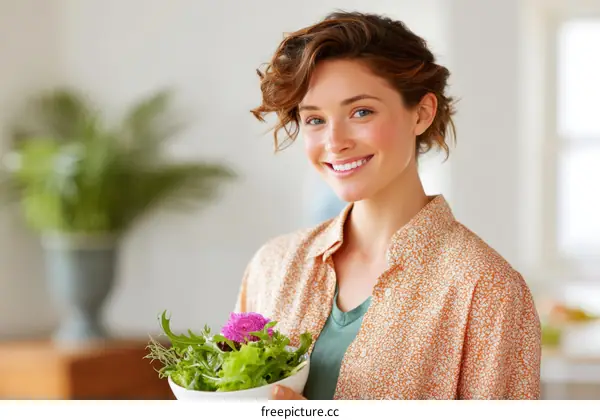 Woman Holding a Bowl of Salad in a Home Interior