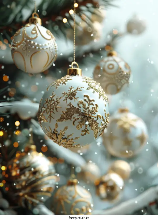 Christmas Ornaments Close Up with Gold and White Decorations