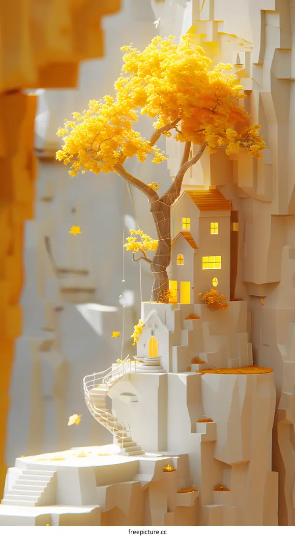 Golden Autumn Treehouse on a Cliff