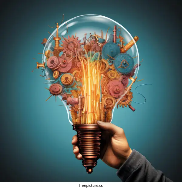 Hand Holding a Light Bulb with Gears and Cogs Inside
