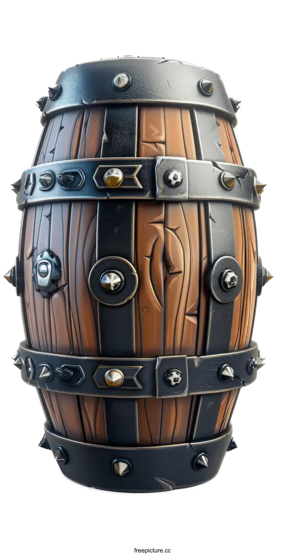 [Transparent Background PNG]Wooden Barrel with Metal Bands and Spikes