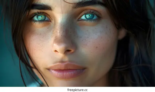 Close-up portrait of a young woman with freckles and green eyes