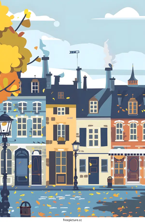 Autumn Street Scene with Yellow Leaves and Old Buildings