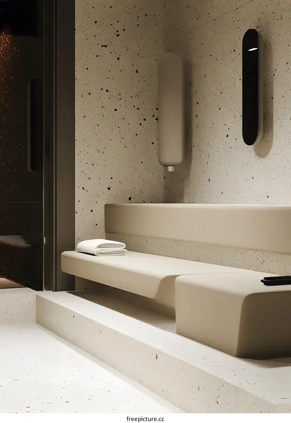 Minimalist Bathroom Interior Design With Terrazzo Walls and White Bench