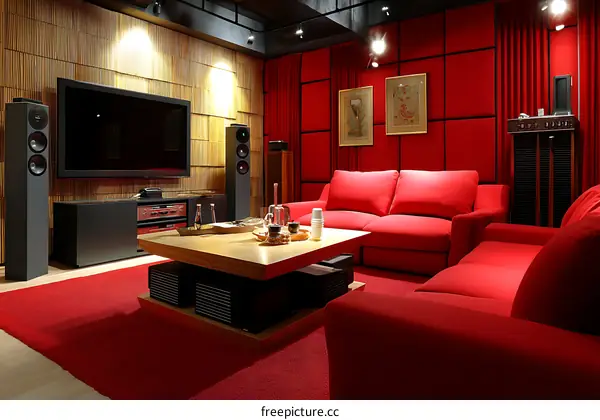 Modern Home Theater with Red Sofas