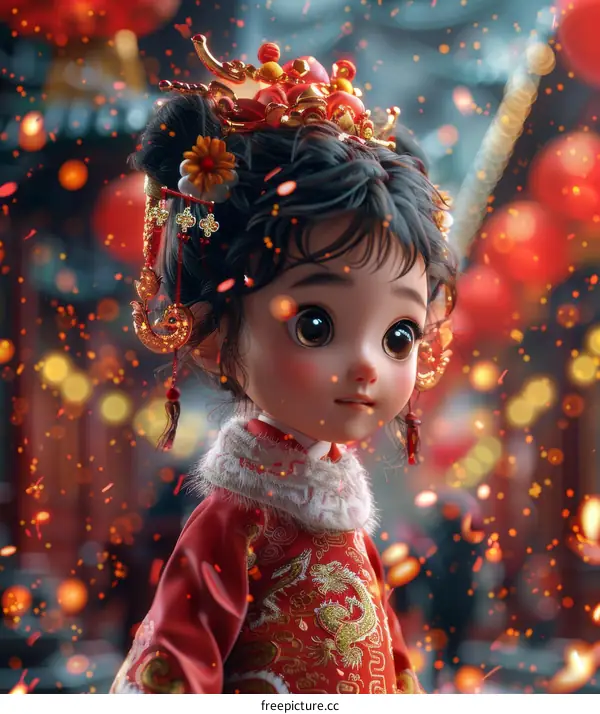 Joyful Chinese Girl in Red Cheongsam