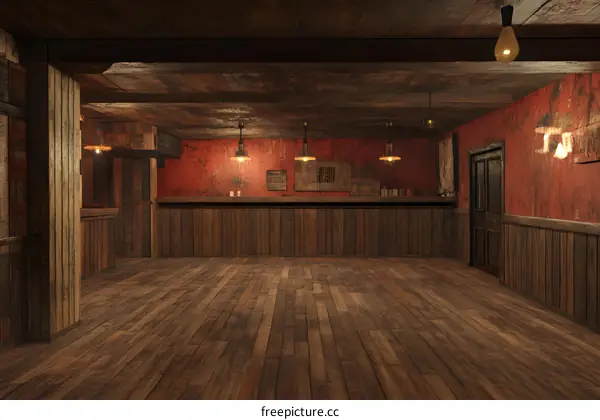 Old Rustic Wooden Bar Interior Design with Red Walls and Wooden Floor