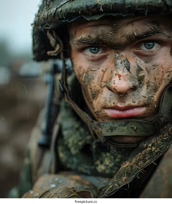Portrait of a soldier with mud on his face
