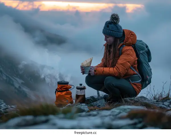 Young woman making coffee on a mountaintop at sunrise
