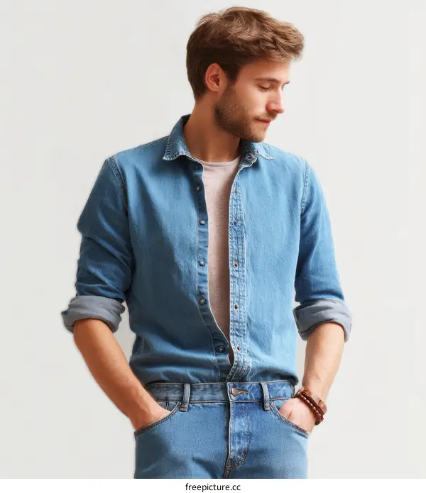 Casual Man in Light Wash Denim Outfit