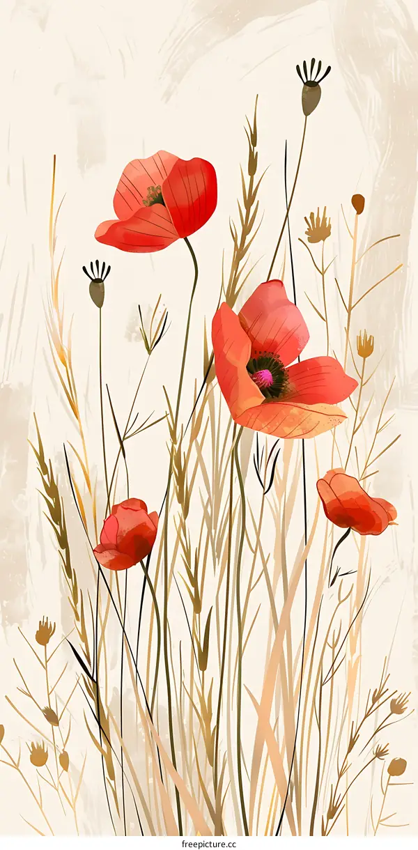 Red Poppies in a Field of Tall Grass