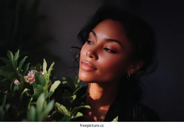 Close-up Portrait of a Woman with Lush Plants