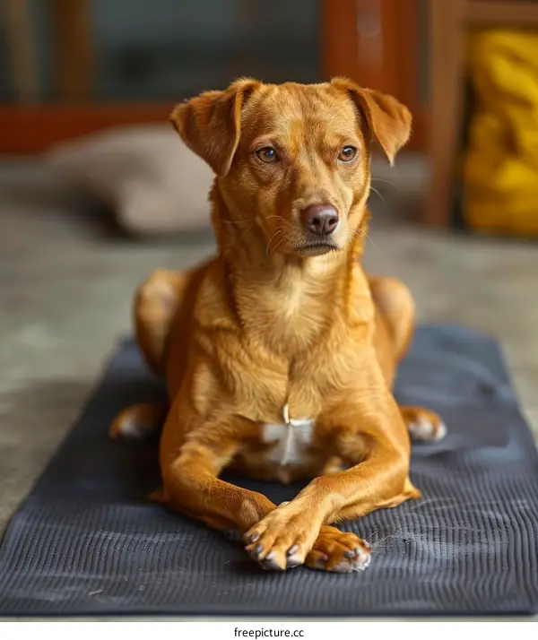 A brown dog is sitting on a yoga mat with its paws crossed in front of him.
