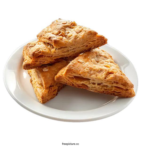[Transparent Background PNG]Three pieces of puff pastry with almond flakes on a white plate