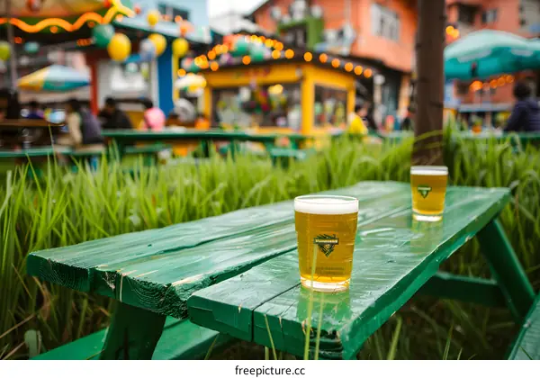 Two Glasses of Beer on a Green Picnic Table