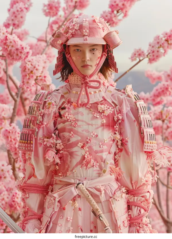 Model in Pink Samurai Armor Posing with Cherry Blossoms