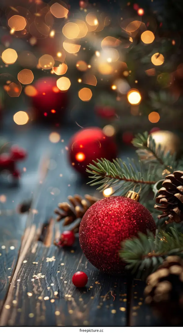 Golden and red Christmas ornaments with a pine branch on a wooden table