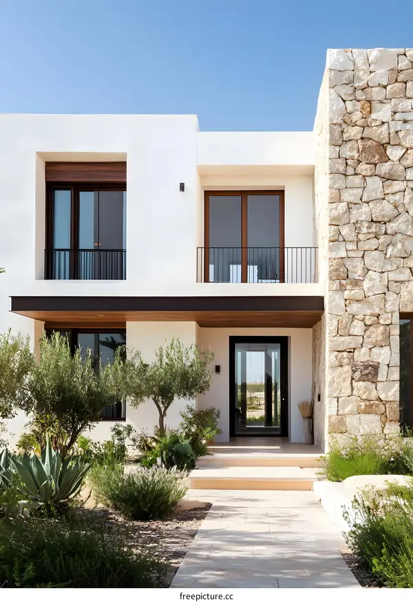 Modern White House with Stone Wall and Olive Trees