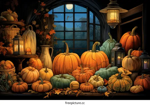 A variety of pumpkins and gourds are arranged on a wooden table in front of a window.