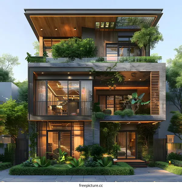 The modern design of a two-story house with a garden on the second floor