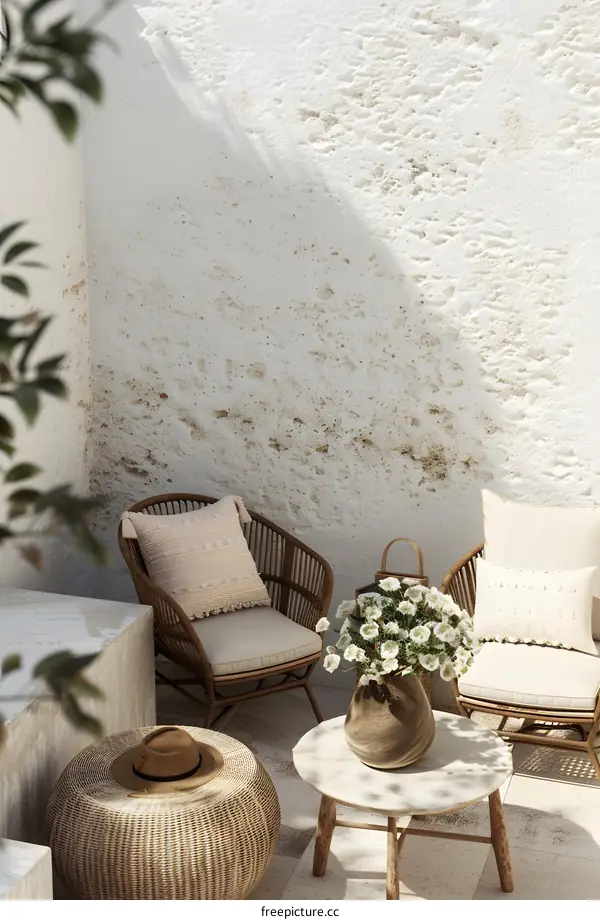Minimalist Patio Design with Wicker Chairs and White Flowers